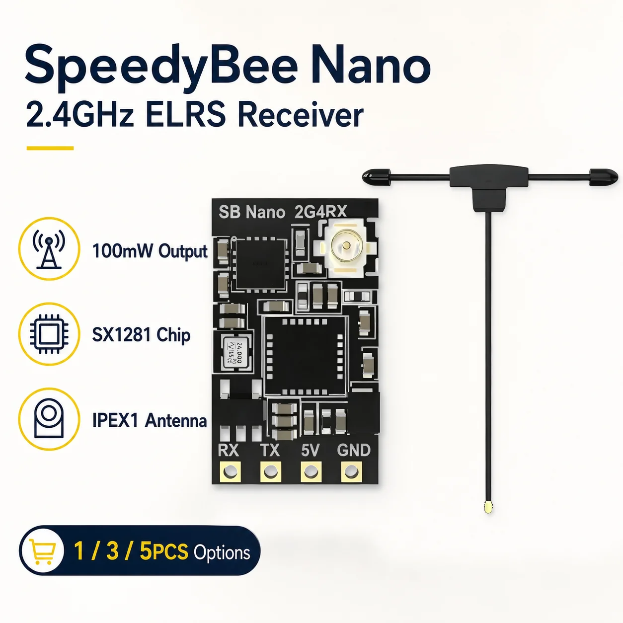 SpeedyBee Nano ExpressLRS Receiver 2.4GHz 100mW IPEX1 T Antenna 0.7g For Compact FPV Drone RC Aircraft Builds 1PC 3PCS 5PCS