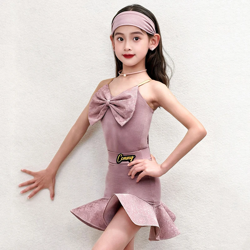 

Костюм для латиноамериканских танцев 2026: розовый, для выступлений, летний, без рукавов, с бантом, для девочек, детский, для сцены, тренировочный комплект AMY3541