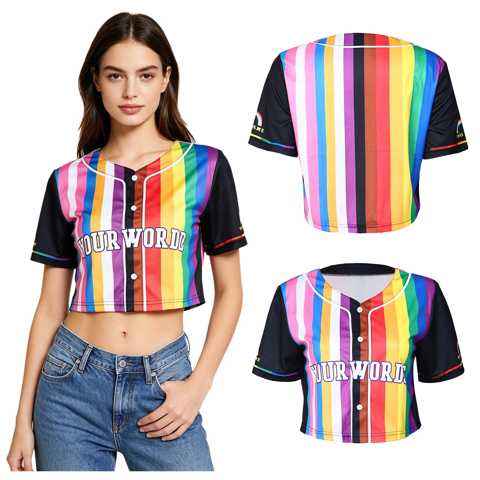 Womens American-style Cropped Letters-printed V-neck Short Sleeve Buttons Stripes Baseball Tops for Cheerleading Uniform Games