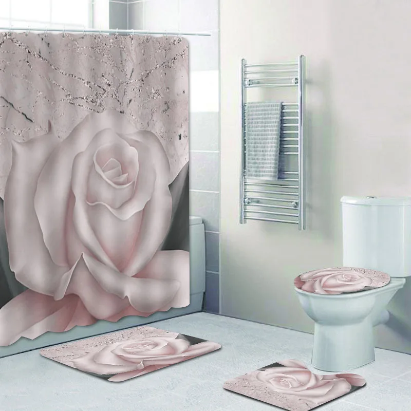 

3D Pink Rose Shower Curtains Set Elegant Modern Chic Floral Bath Curtain for Bathroom Mats Rugs Carpet Home Decor with Hooks