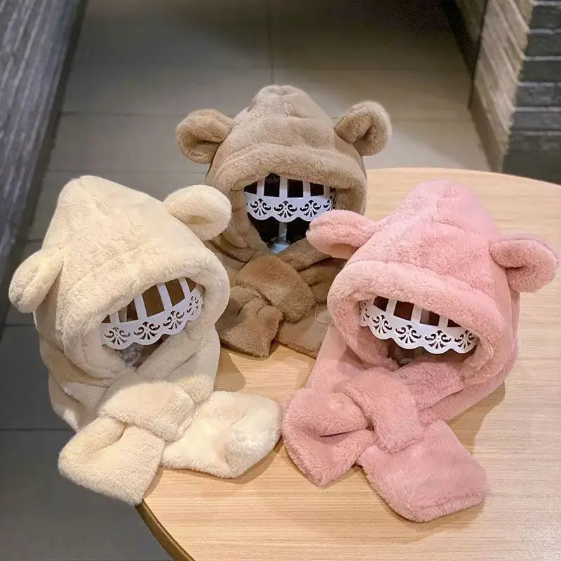 Wintermütze und Schal-Set für Damen und Herren, mit Fleece gefüttert und dick, Plüschmütze mit winddichtem Gehörschutz, süßes Design