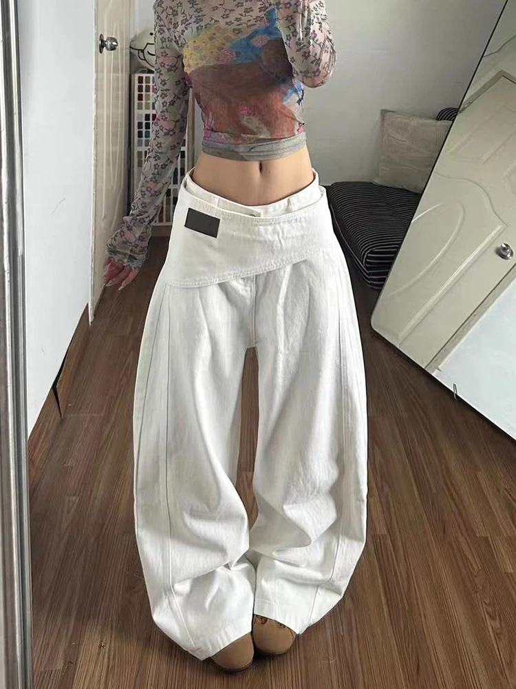 Y2K Summer Loose Wide Leg Floor Denim Pants White Detachable Fart Curtain Design for Women