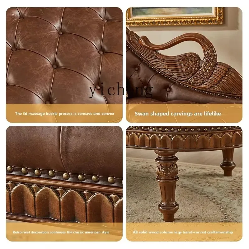 Q-2  Solid Wood Chaise Lounge Chair Living Room Genuine Leather Recliner Leisure Chaise Chair