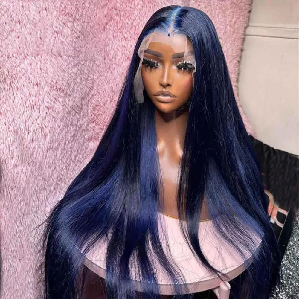 Wig renda dalam 26 inci lurus halus tanpa lem panjang dengan ketebalan 180 biru lembut untuk wanita dengan rambut bayi prepped harian