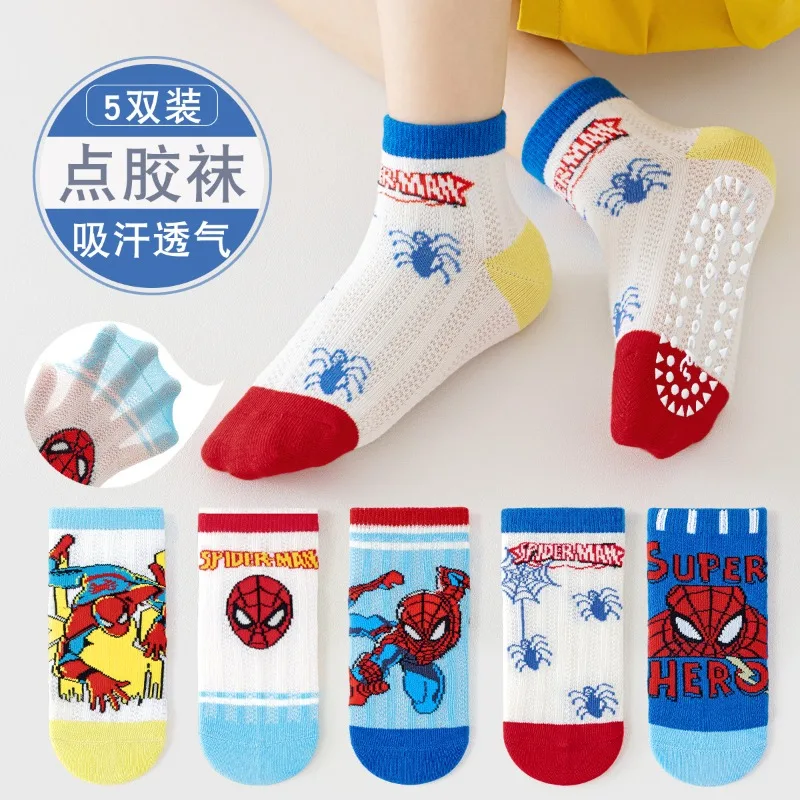 5Pairs Cute Cartoon Spiderman Kids Non-Slip Socks Baby Boys Girls Floor Socks Comfortable Breathable Thin for Children Gifts - view 2