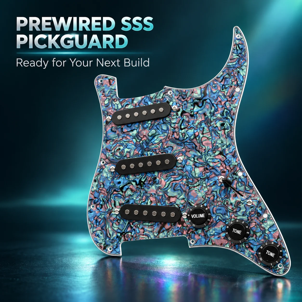 Prewired SSS Pickguard Assembly for ST-Style Electric Guitar, Multicolor Abalone Pattern, Black Pickups