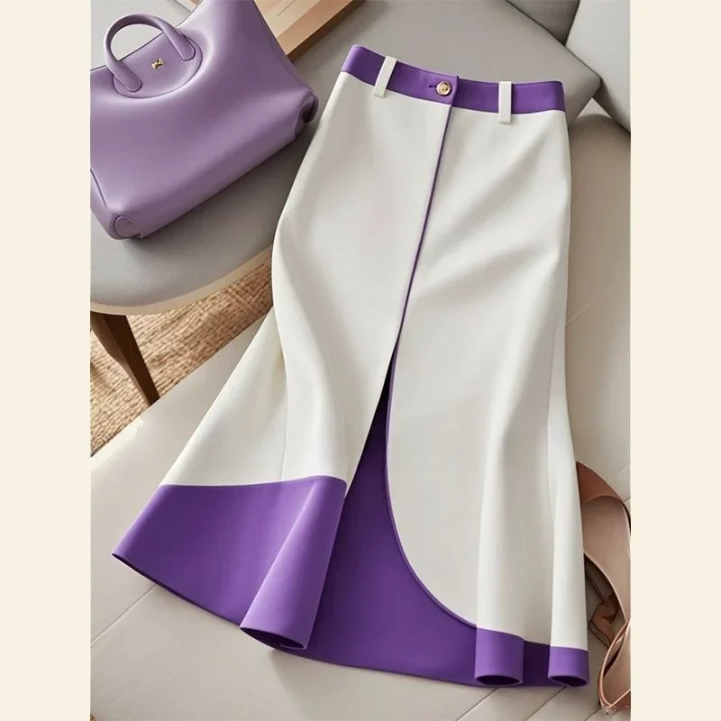 

Новая весенне-осенняя женская юбка контрастного цвета, модная лоскутная эластичная юбка с высокой талией, тонкая трапециевидная элегантная офисная женская юбка