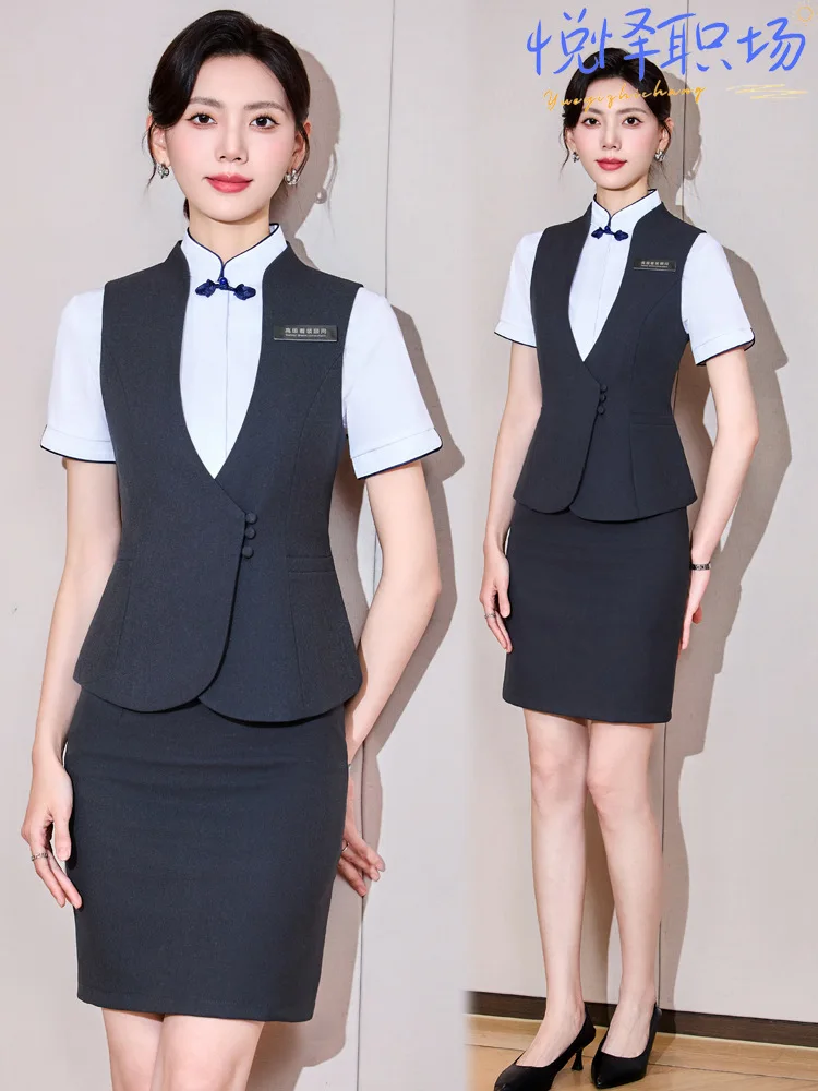 

Профессиональная одежда для персонала гостиниц и предприятий общественного питания, элегантный профессиональный костюм-жилет в стиле богини, рабочая одежда с юбкой, униформа для работы.