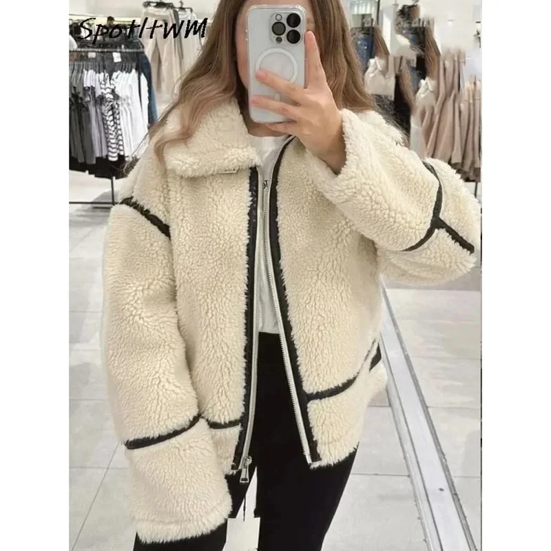 Women Faux Teddy Fur Jackets Long Sleeve Stand Collar Zipper Coats Fall Winter Fake Fur Teddy Jacket Street Motorcycle Bike Wear