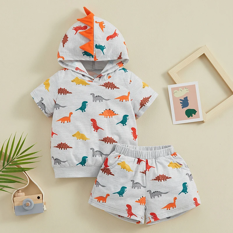 

1-6Y Kids Boys Summer Outfits Dinosaur Print Hooded Short Sleeve T-Shirts Tops Elastic Waist Shorts 2Pcs Boys Cute Clothes Set