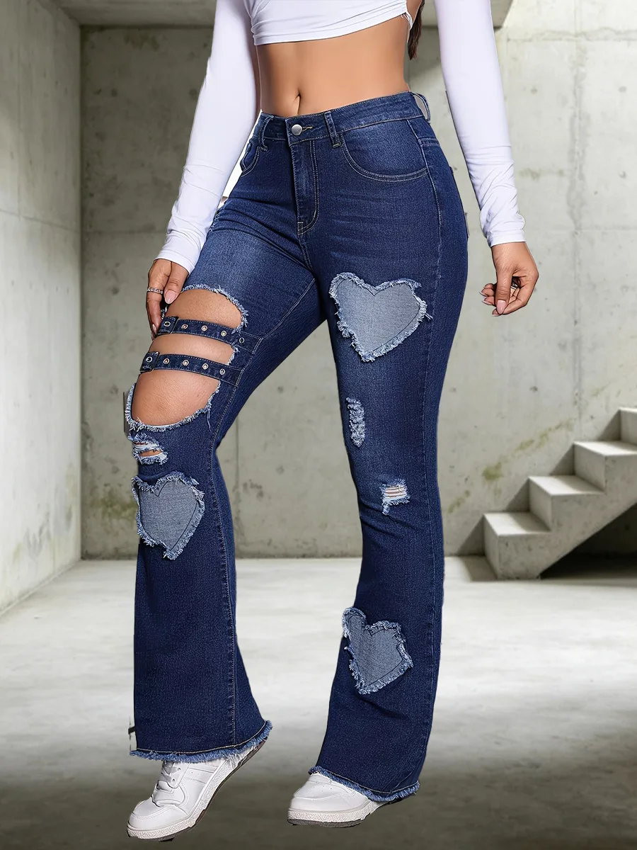 Slimming Heart Shaped Patch Hollowed out Jeans with Torn Holes Slightly Flared Edges Metal Buckle Straps 2026 Trendy Denim