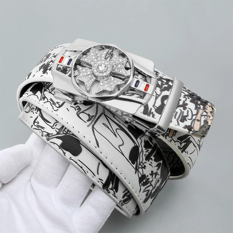 Men's Fashionable Automatic Belt with Rotating Buckle，Graffiti printPUBelt，Luxurious casual belt suitable for jeans and trousers