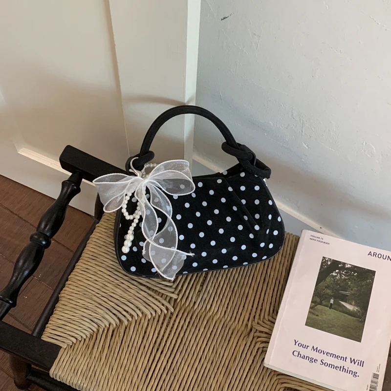 Cute Polka Dot PU Mini Handbag Sheer Bow Pearl, Charm Pastel Colors Adjustable Strap Lightweight 3-Way Dating Crossbody Purse