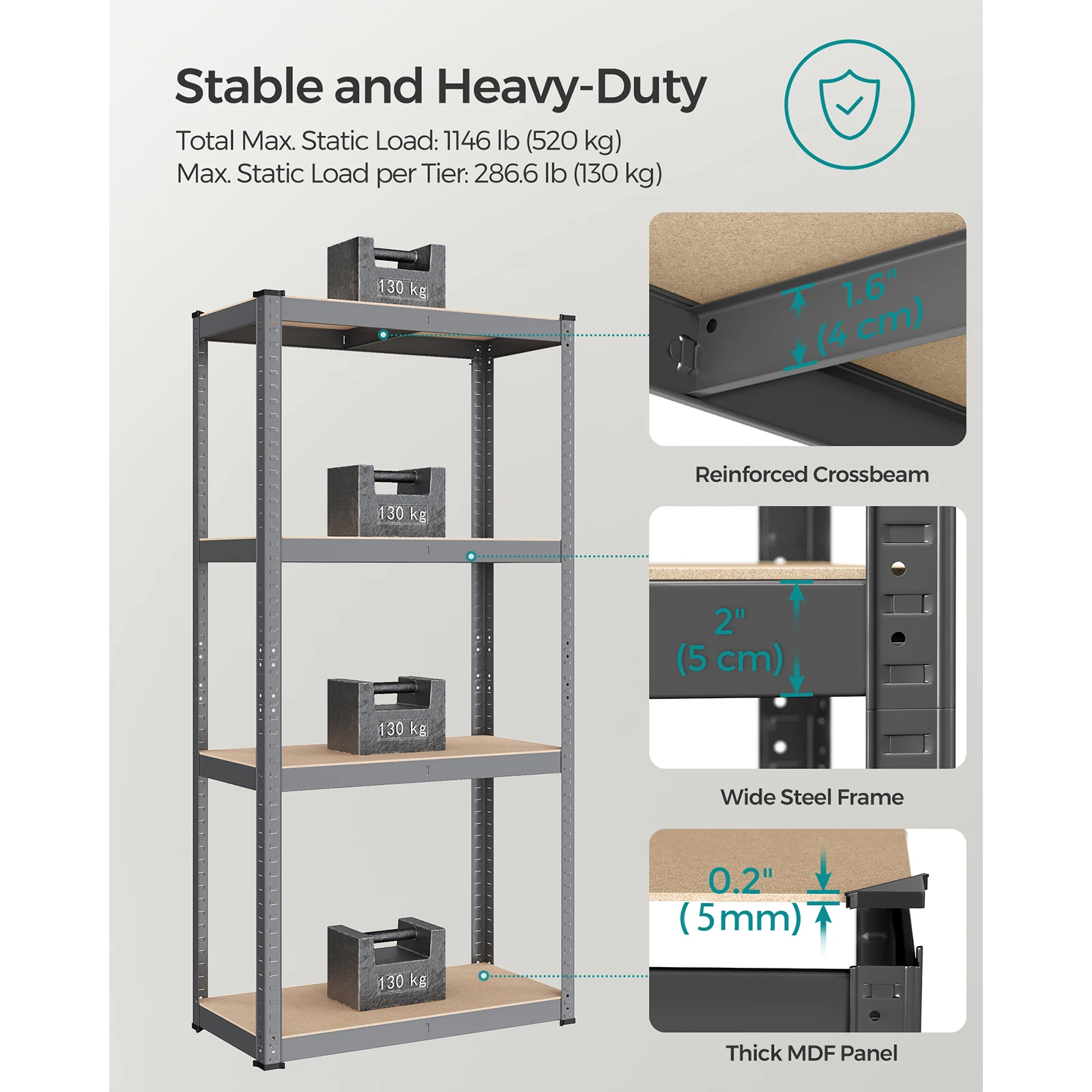 SONGMICS 4-Tier Shelving Unit, Steel Shelving Unit for Storage, Boltless Assembly, for Garage, Shed