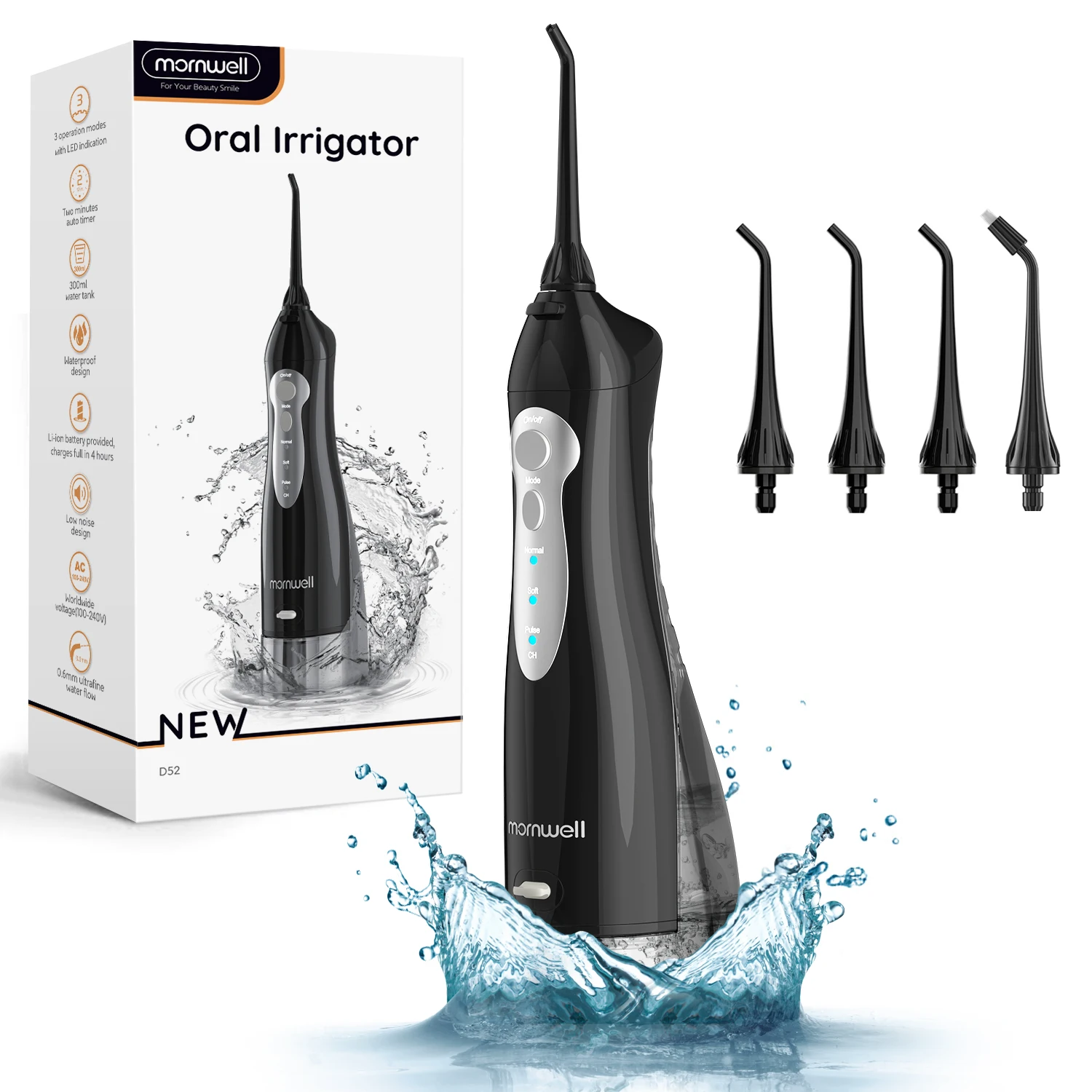 Mornwell d52 jato de água dental irrigador oral usb recarregável água flosser portátil 300ml tanque água à prova dwaterproof água limpador dentes
