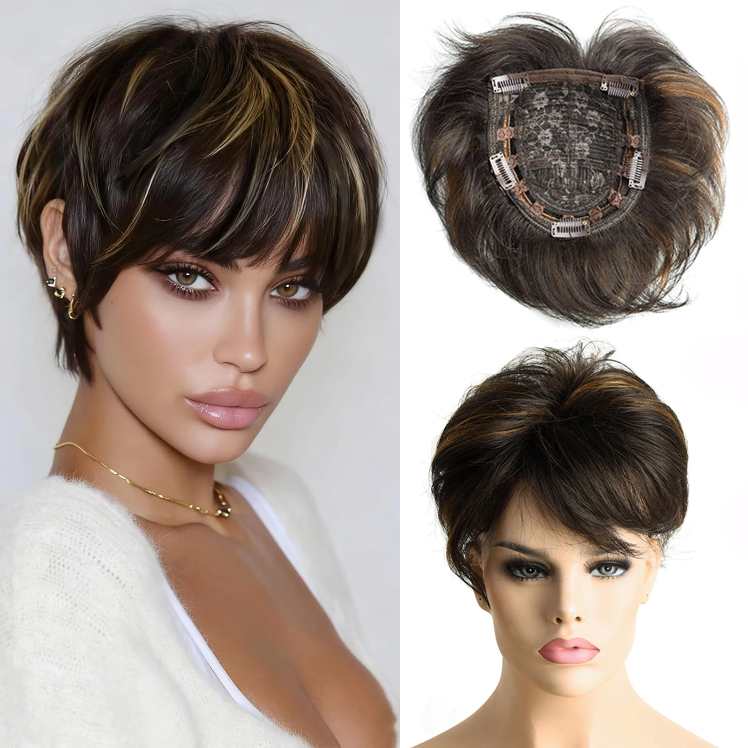 Synthetic 6 Inch Short Hair Topper Wigs for Women and Men, Pixie Cut Short Hair Toppers with Natural Curl Hairstyle