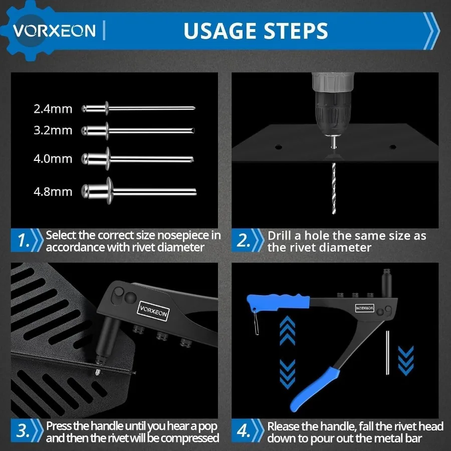 ヘビーデューティーハンドリベッターツールキット、プロ仕様ポップリベットガン、100個のリベットと4種類のノーズピース（サイズ3/32、1/8、5/32、3/16）付き
