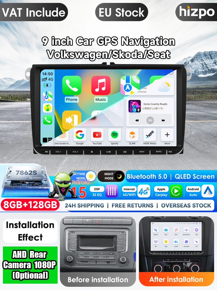 Hizpo 9-Zoll Kabelloses CarPlay Android Auto Autoradio für VW T5 Jetta Passat B6 Golf MK6 Tiguan Touran Scirocco Skoda Rapid Octavia Leon Multimedia Kabelloses Apple CarPlay Smart Intelligent Systems