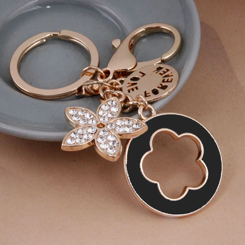 Rhinestone Flower Petal Key Chain Enameled Five Leaf Clover Key Ring Women Bag Pendant