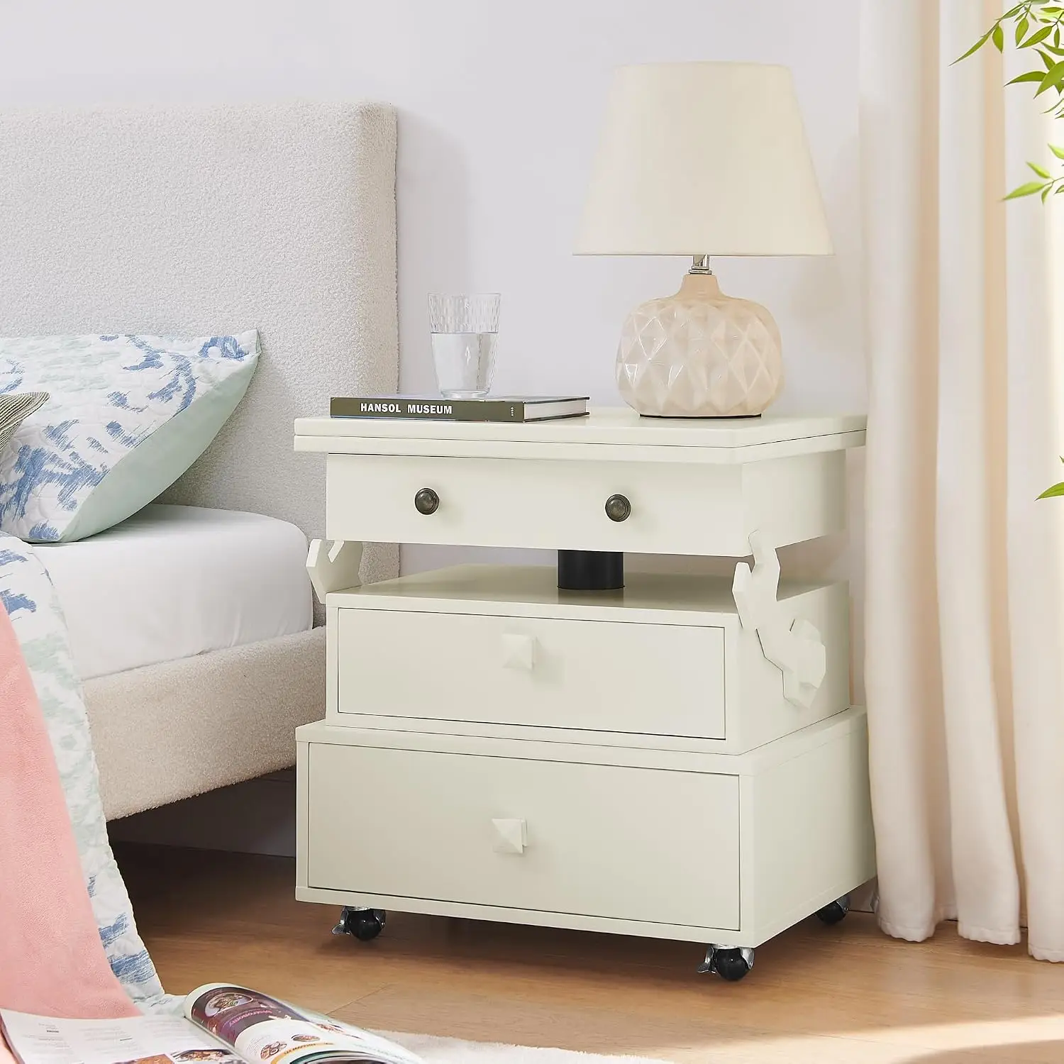 Smart Nightstand with Charging Station, Lift Top, 2 Drawers & Shelf, Lockable Wheels Table for Bedroom Living Room, Customized