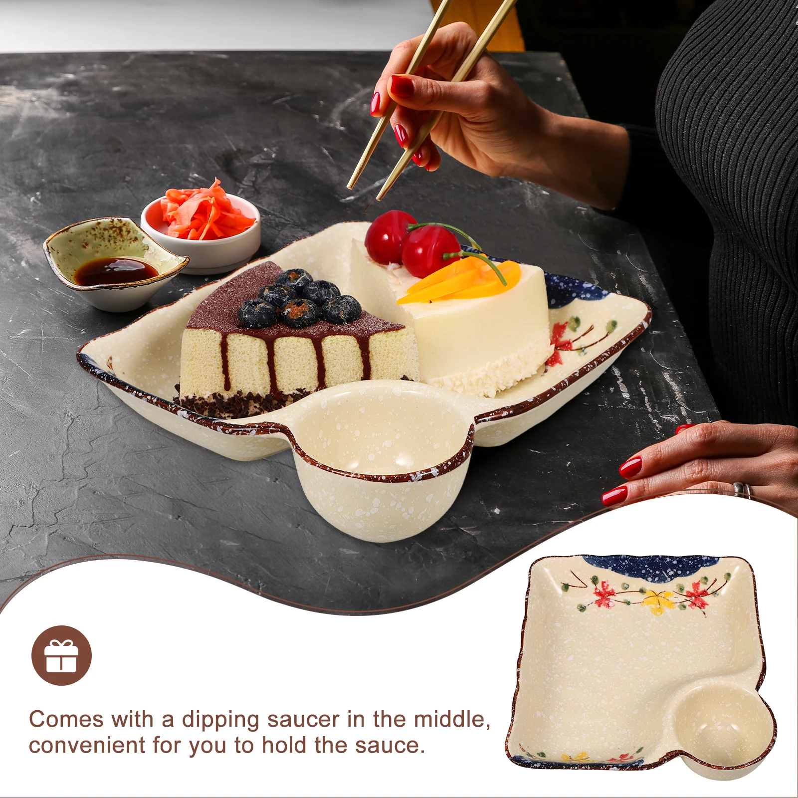 

Ceramic Sushi Serving Plate with Sauce Compartment for Dumplings Fries Appetizers Dishwasher Safe Multi-Use Food Serving Platter