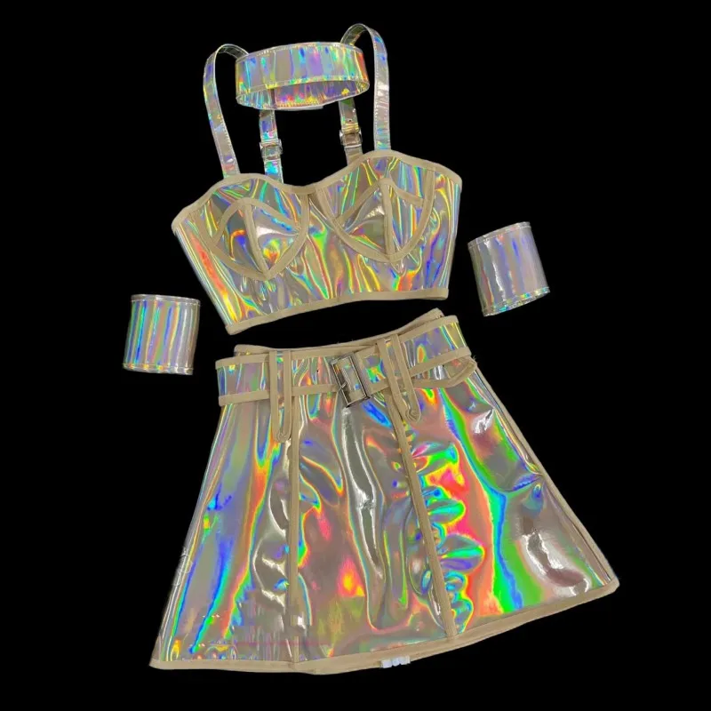

Party Carnival Nightclub Rave Outfit Pink Laser Tops Skirt Team Stage Wear Dancer Celebration Festival Performance Clothes