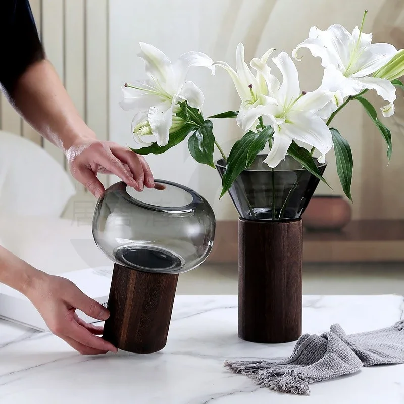 1pc Glass Wooden Vase Nordic Minimalist Style Creative Designer Home Decor Ornament for Living Room Interior Decoration