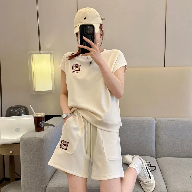 Women Drawstring Elastic Waist Loose Suits Summer Top Shorts Set Casual Short Sleeves T-shirt Casual Tracksuit Ladies 2pcs 2024