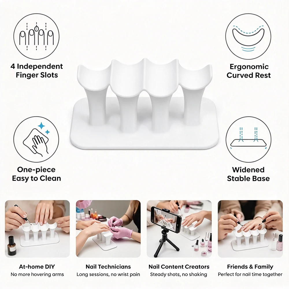3D Printed Nail Art Finger Support Stand 4 Slots Ergonomic Nail Hand Rest Stable Base Manicure Holder for Nail Salon & Home DIY