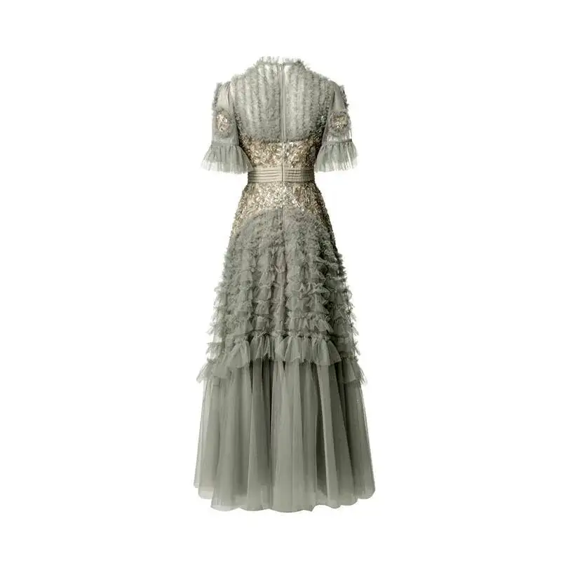 Fashion Women Dress Short Sleeve Round Neck Lotus Leaf Edge Lace Splicing Sequ Female Party Dress New UXF4