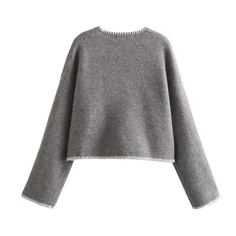 TRAF Grey Cropped Sweaters For Women Autumn Winter Knitted Sweater Woman Long Sleeve V Neck Knit Top Pullover Short Sweaters