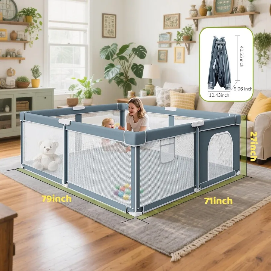 Foldable Baby Playpen - 71"×79" Collapsible Play Pen for Babies and Toddlers - Indoor Outdoor Travel Playpen - Sturdy with Mesh
