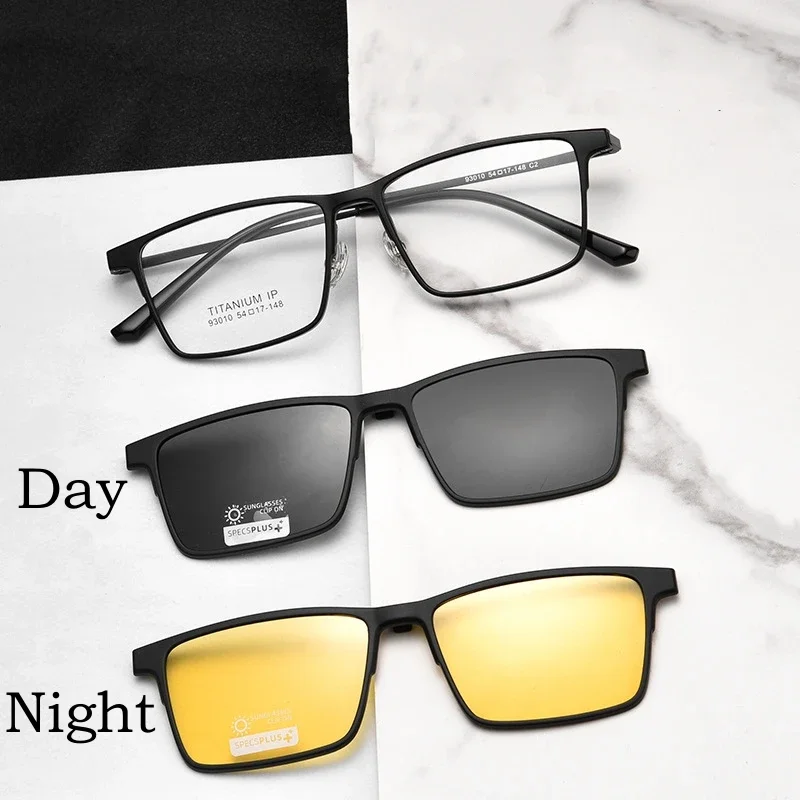 

OLLYMURS Polarized New Magnetic Clip Sunglasses Driving UV Pure Titanium Square Optical Prescription Glasses Frame Men T93010Y