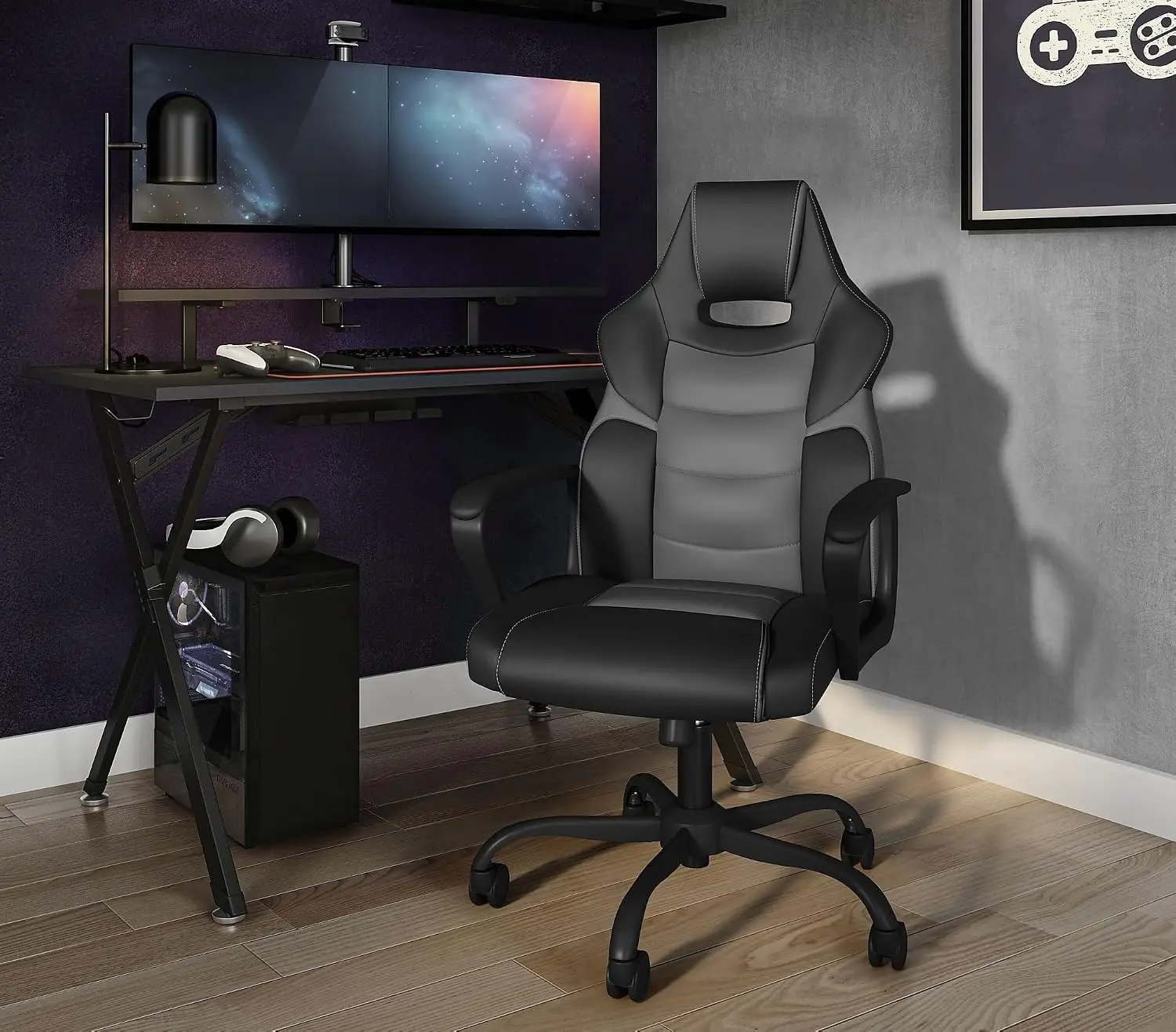 Staples Emerge Vector Luxura Faux Leather Gaming Chair, Black/Gray