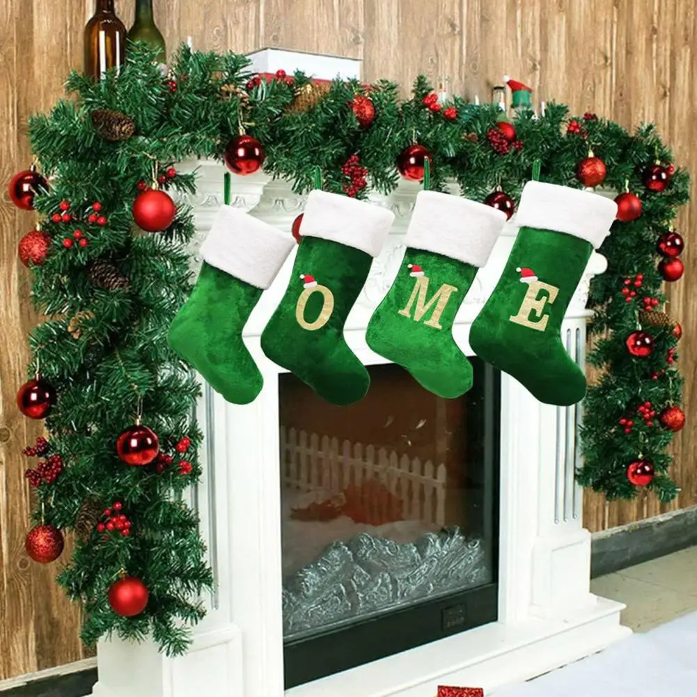 1Pc Christmas Stockings Hanging Green Plush Top Large Handmade Xmas Tree Hanging Gift Bag Sock Pendant Suministros Navideños