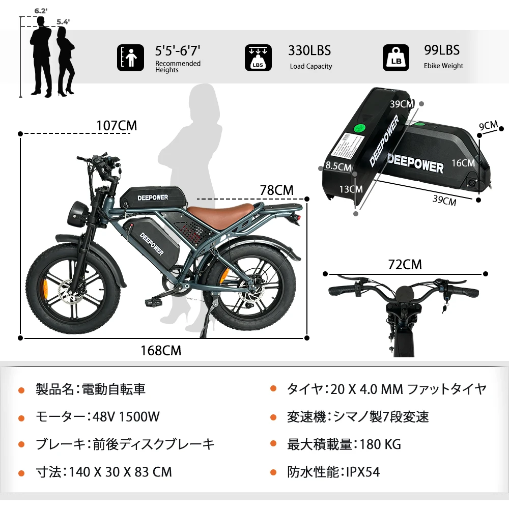 DEEPOWER QS7電動自転車 1500W 48V 60AH デュアルバッテリー 大人用
