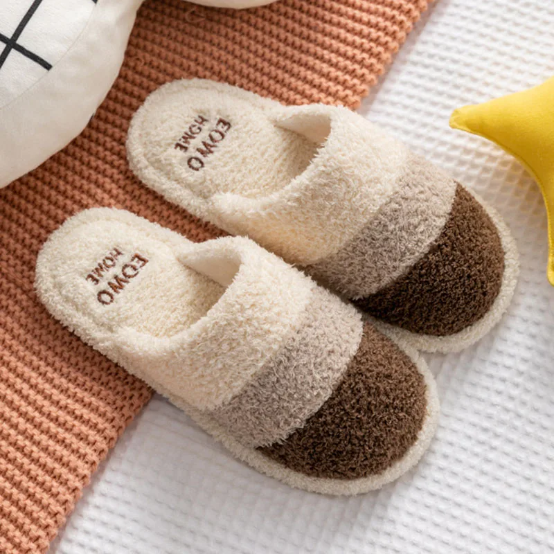 New Winter Unisex Mix Color Warm Plush Slippers Couple's Indoor Non-Slip House Fluffy Slippers Women Toe Wrap Home Cotton Shoes