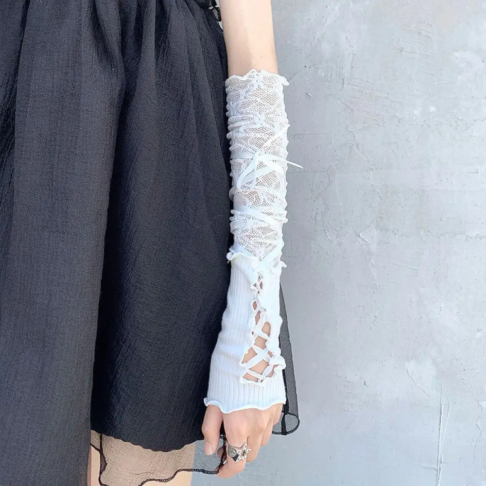 Trendy Lace Arm Sleeves Women Balletcore Style Fingerless Gloves Summer Sun Protection Elastic Bandage Warmers