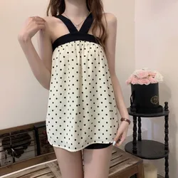 Office Lady Summer Women's Clothing Halter Polka Dot Printing Pullover Sleeveless Contrast Color Casual T-shirt All-match Tops
