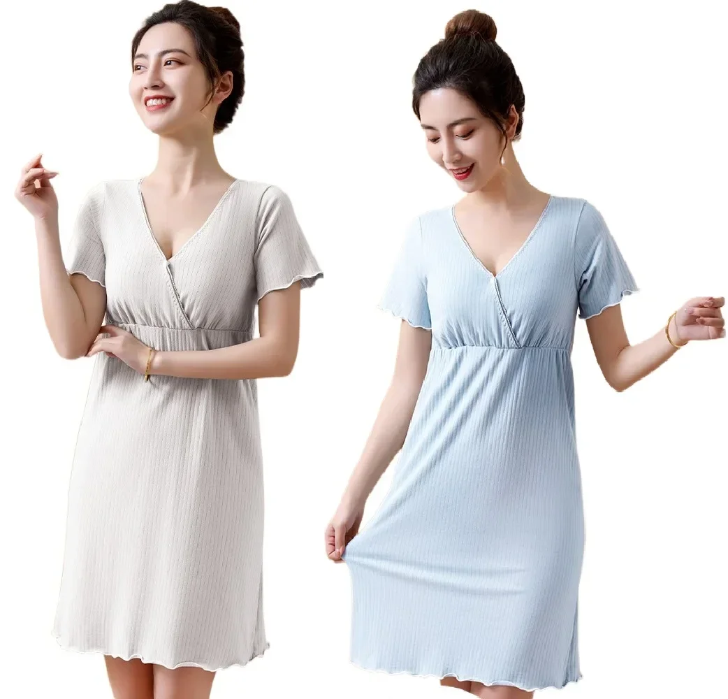 Women's Maternity Nightshirt Short Sleeve Down Button Nightgown Pregnancy Gown V-Neck Sleepwear Pajama Breastfeeding Dress