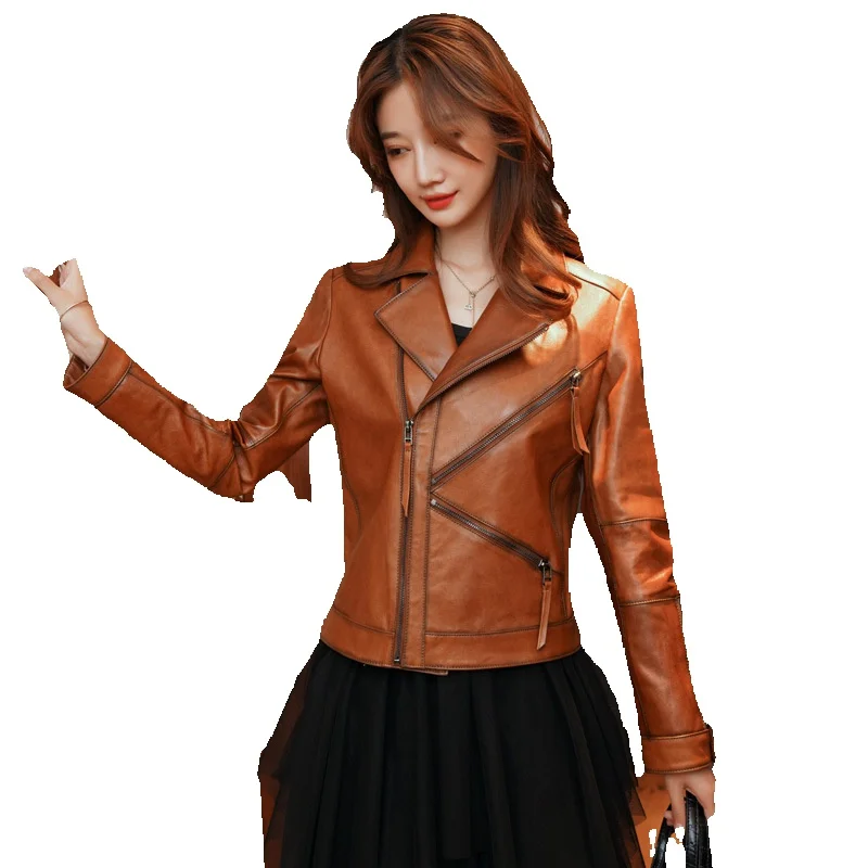 

Genuine Leather Jacket, New Style Sheepskin Motorcycle Waistband Short Women's Top, Trendy Jacket