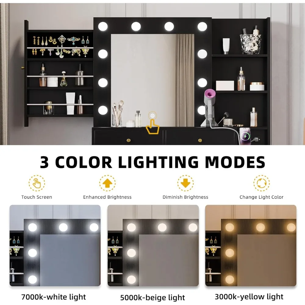 Makeup Dressing Table with Mirror and Power Socket, Dressing Table Set with Hidden Jewelry Storage Rack and 5 Drawers