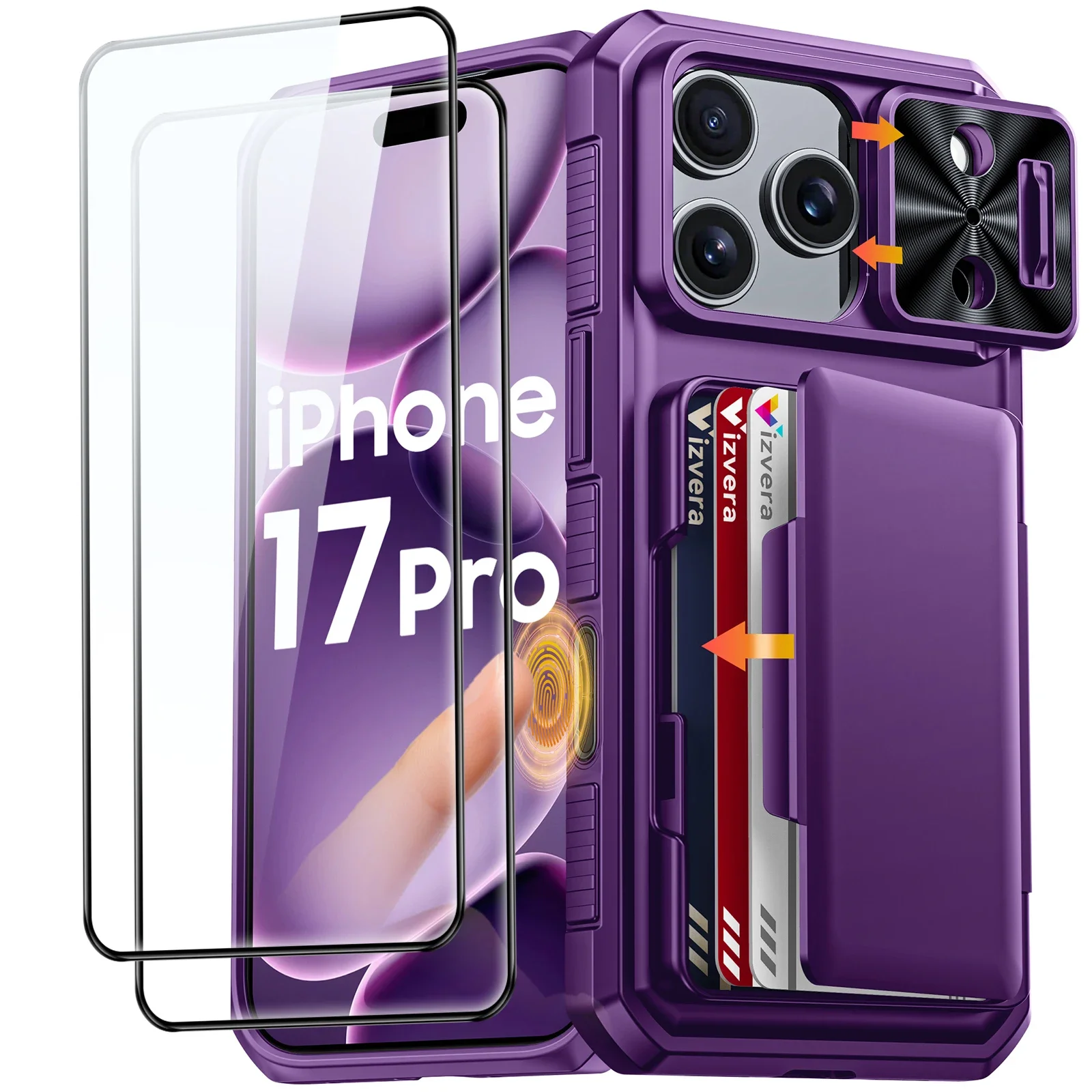 

For iPhone 17 Pro With Card Holder Sliding Camera Cover And Stand Phone Case, Anti-Fall PC+TPU Wallet Case-Purple