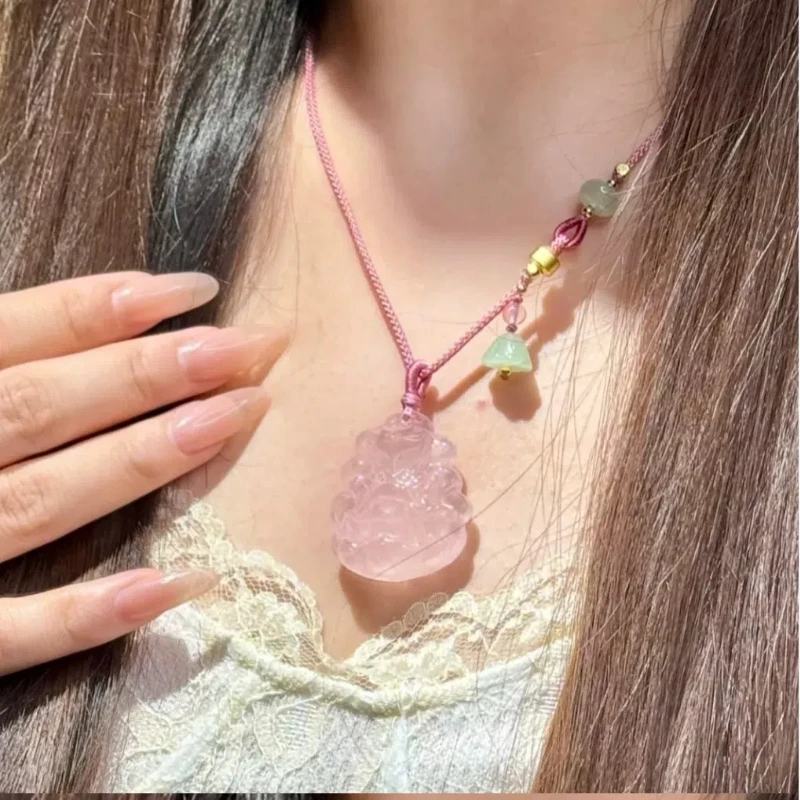 New Design Natural Powder Crystal Nine-tailed Fox Lotus Fox Pendant Sweater Chain Pink Girl Gifts Women's Luxury Lucky Charms