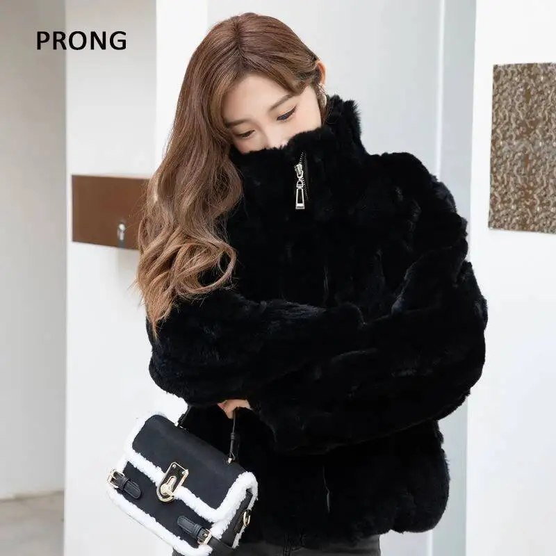 Пальто из натурального кроличьего меха, женская зимняя куртка из натурального меха, роскошные толстые теплые меховые пальто на молнии, женская верхняя одежда черного цвета