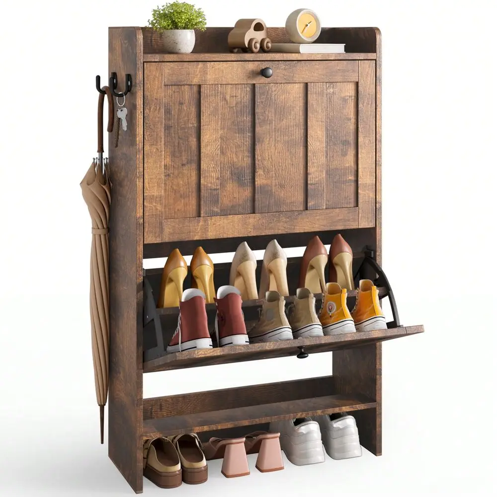 Shoe Cabinet With 2 Separate Drawers, 2 Levels Of Shoe Storage, FlipDown Compartments, AntiTip Device, Suitable For Use On Door