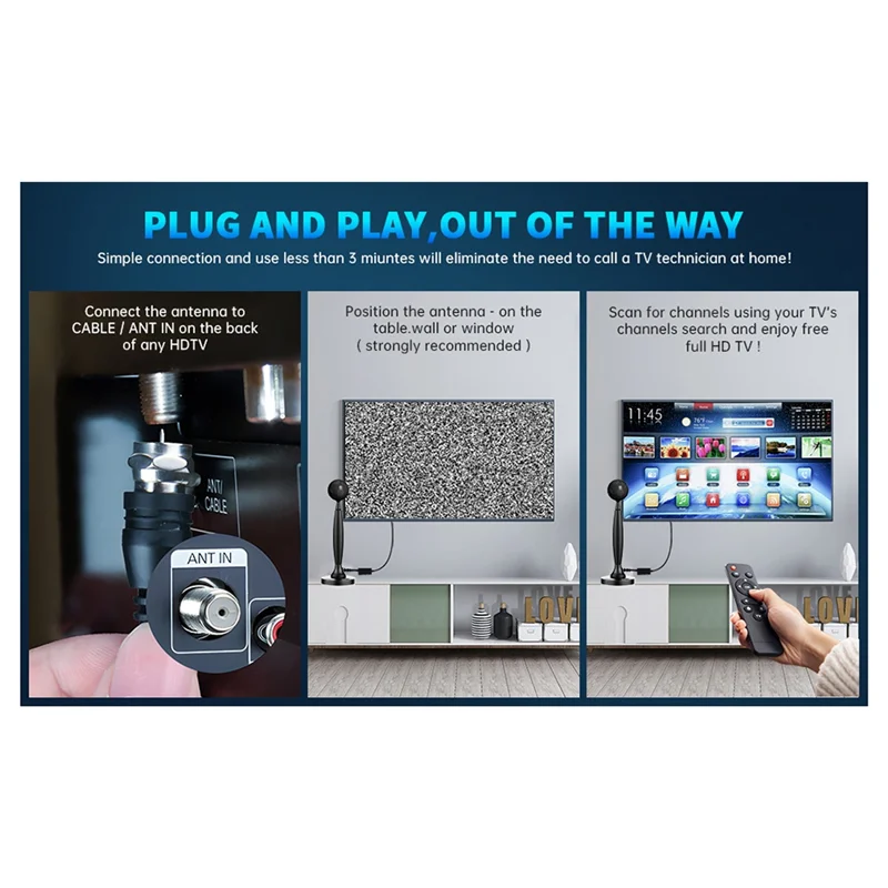 Stabilna i wszechstronna antena cyfrowa do telewizji, 4K/1080P HD, do użytku wewnątrz i na zewnątrz, wielokierunkowa z wzmacniaczem, zasięg do 120 km.