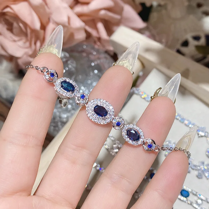 Blue Bracelets for Women Vintage Created Sapphire Fine Jewelry White Zirconia Silver Plated Diamand Handpiece Party Accessory