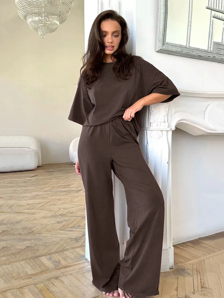 

Marthaqiqi Loose Women'S Nightgowns Suit O-Neck Sleepwear Half Sleeve Nightwear Wide Leg Pants Casual Ladies Pajamas 2 Piece Set