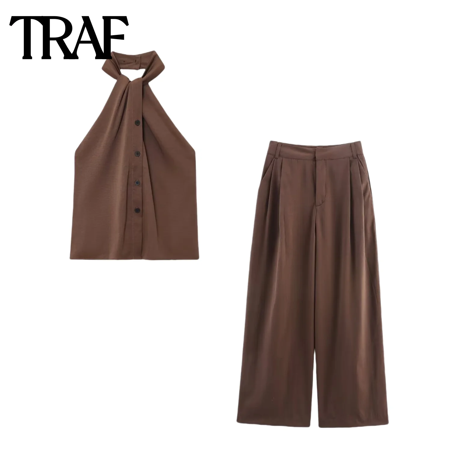 TRAF traje de moda nuevo 2025 decoración de nudos cuello colgante estilo superior chaleco o cubierta abatible decoración pantalones doble plisado